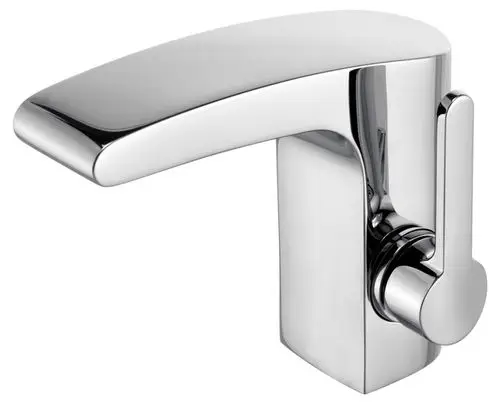 Moderner, glänzender Wasserhahn mit einer eleganten, geschwungenen Oberfläche und einem einfachen Hebel zum Regulieren des Wasserflusses.